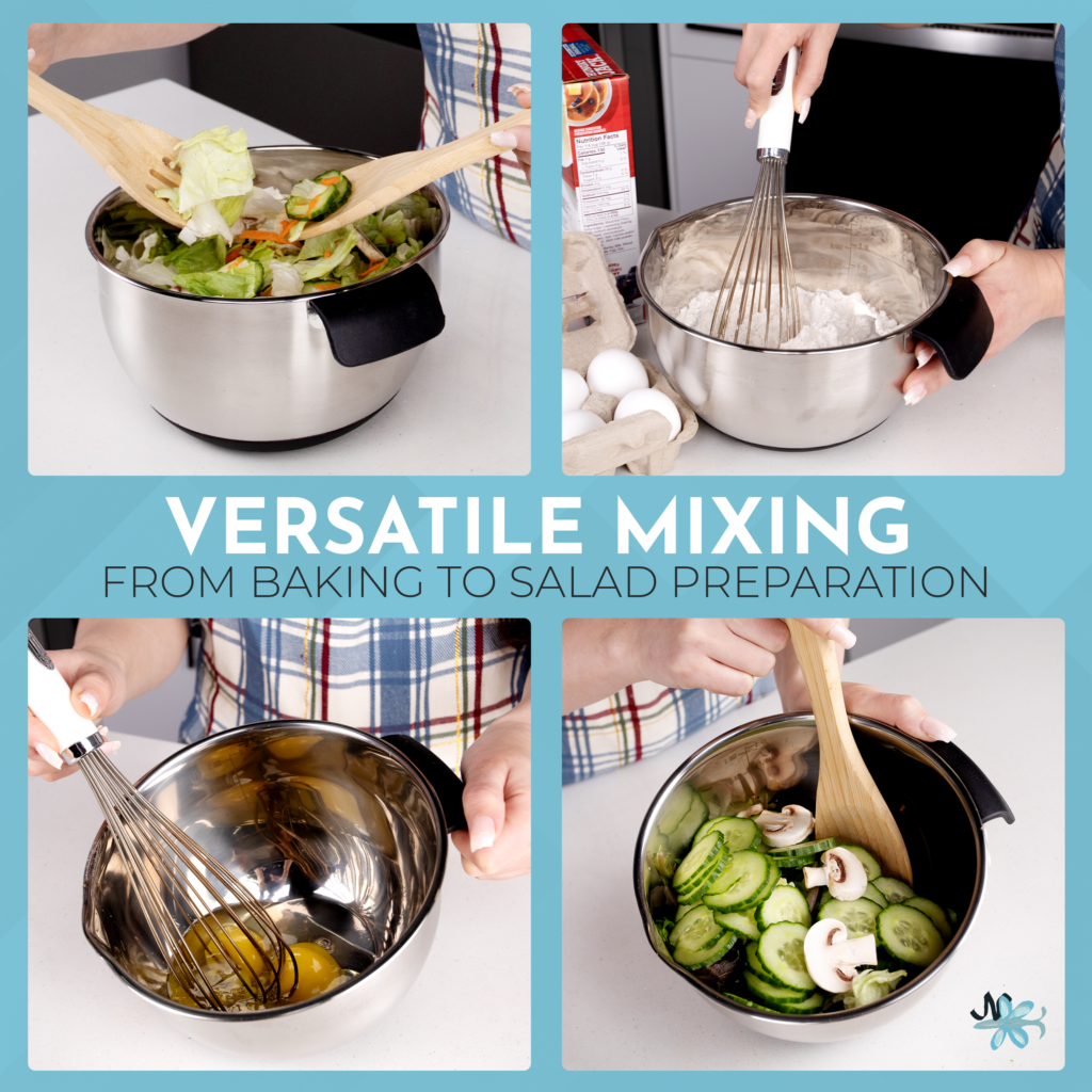 Complete stainless steel mixing bowl set with lids, grater attachments, and silicone strainer accessories to handle versatile mixing from baking to salad preparation