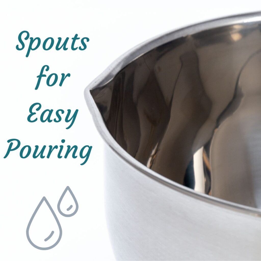 Close-up detail of pour spout on stainless steel mixing bowl