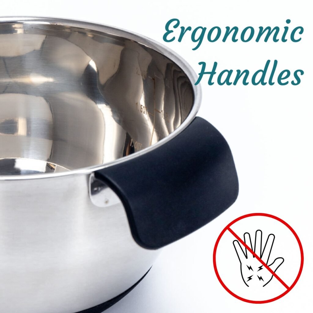 Close-up of stainless steel mixing bowl with black ergonomic side handle