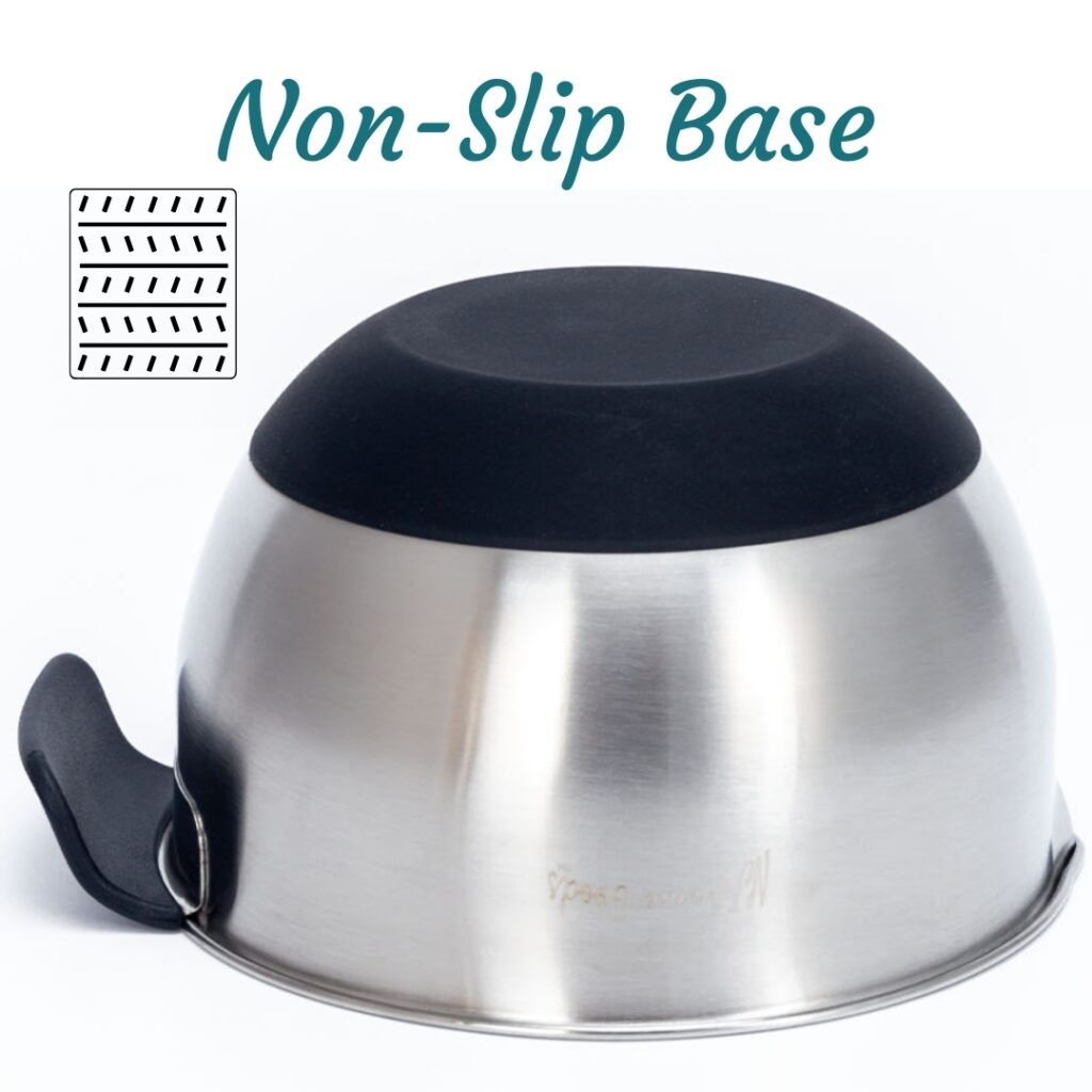 Underside of stainless steel mixing bowl showing non-slip black silicone base
