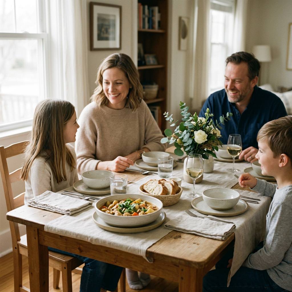 Mother’s Day dinner setup with simple meal in bowls, warm and relaxed atmosphere