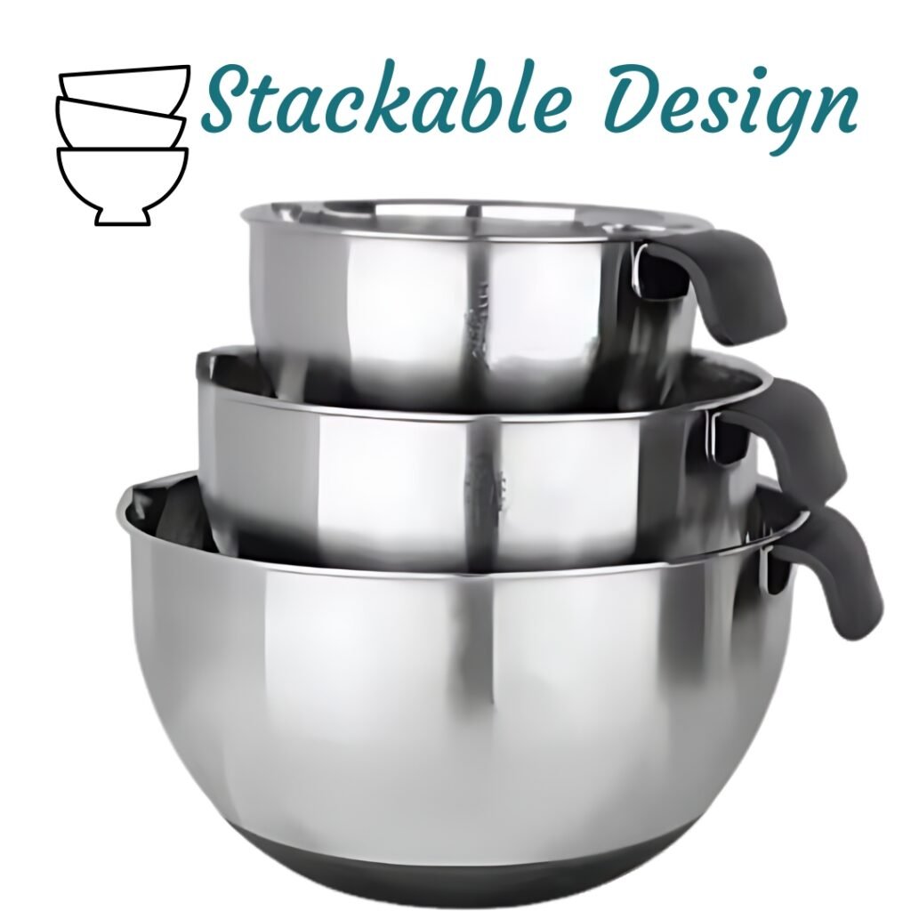 Stainless steel mixing bowl set with black lids stacked together for compact storage