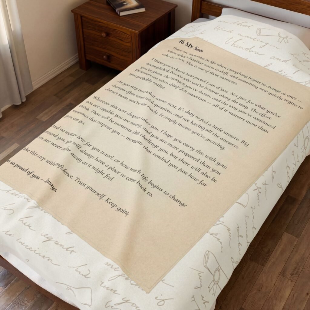 Personalized graduation letter blanket with printed message, soft neutral setting