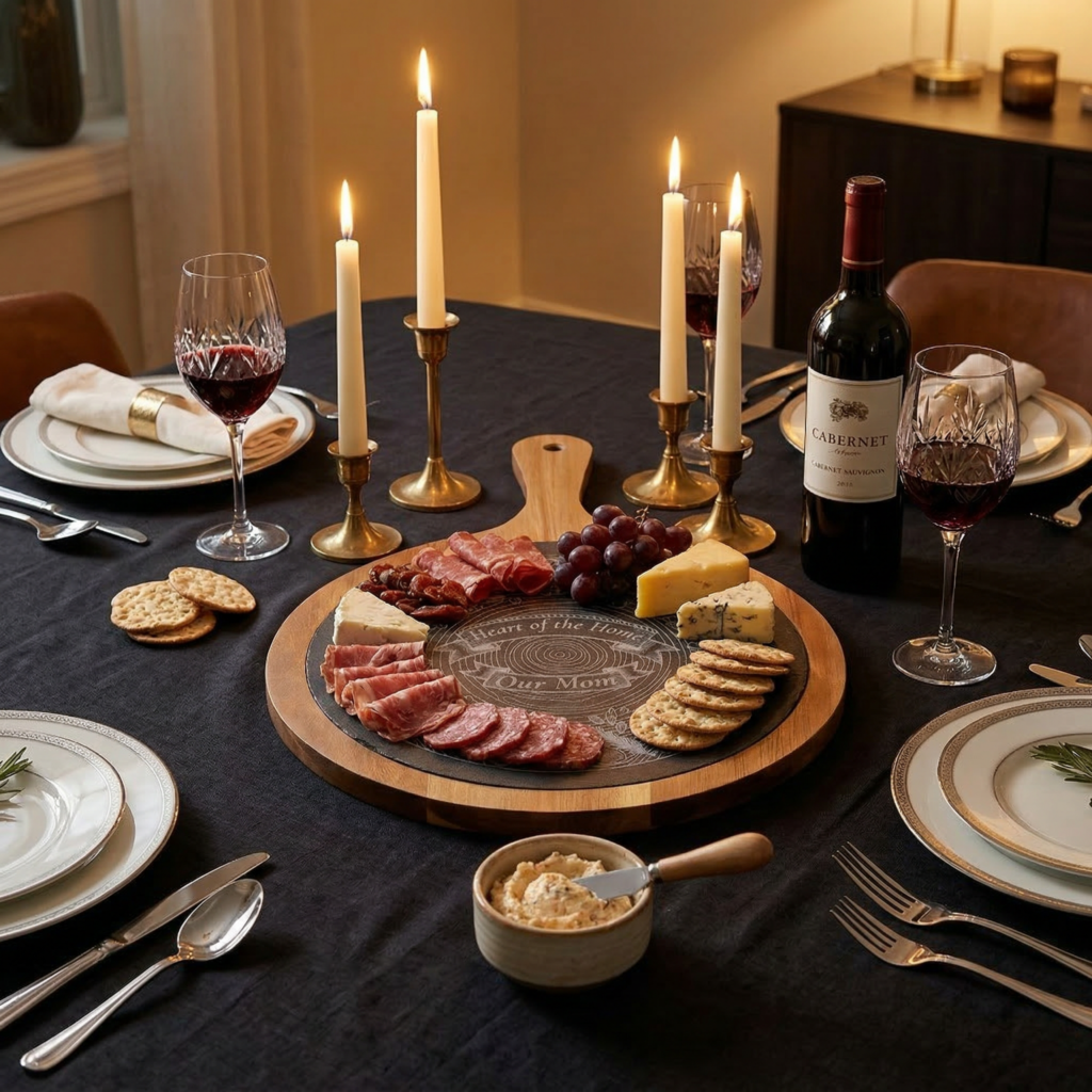 charcuterie board being used during family gathering with food