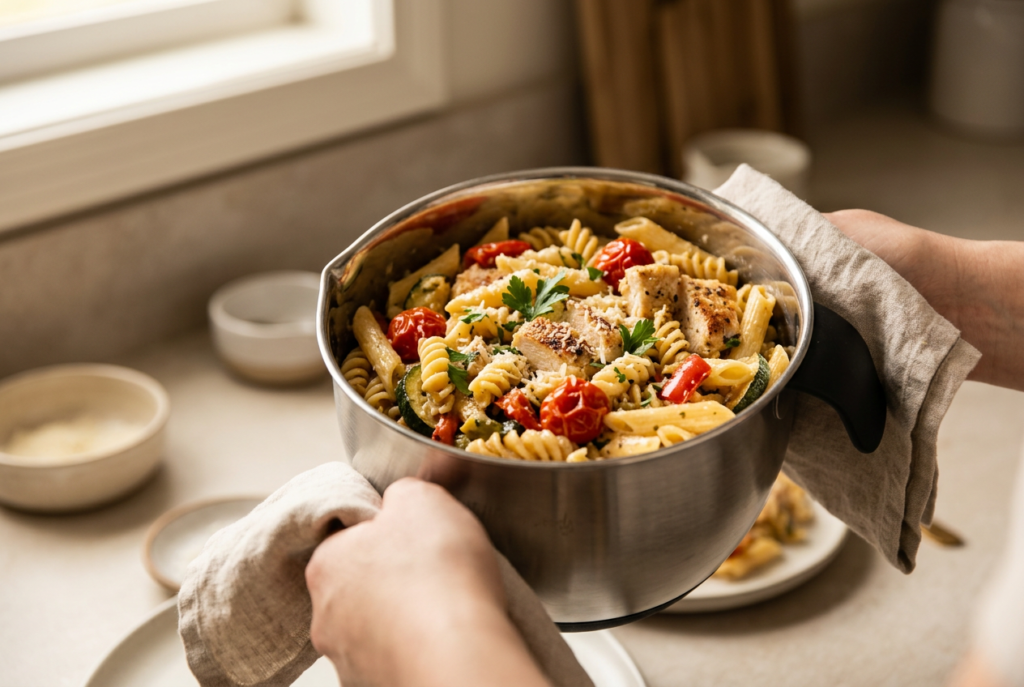 Garlic butter chicken and roasted vegetable pasta served in a ceramic bowl with warm natural light