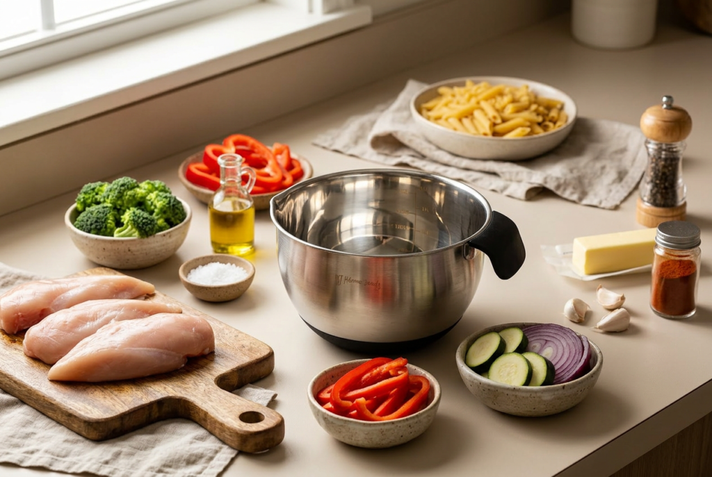 Fresh vegetables and chicken arranged around a stainless steel bowl for garlic butter chicken pasta