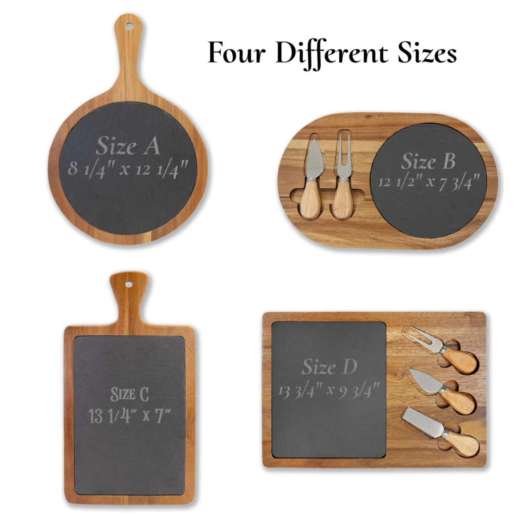 round and rectangle charcuterie board options with engraving surface dimensions