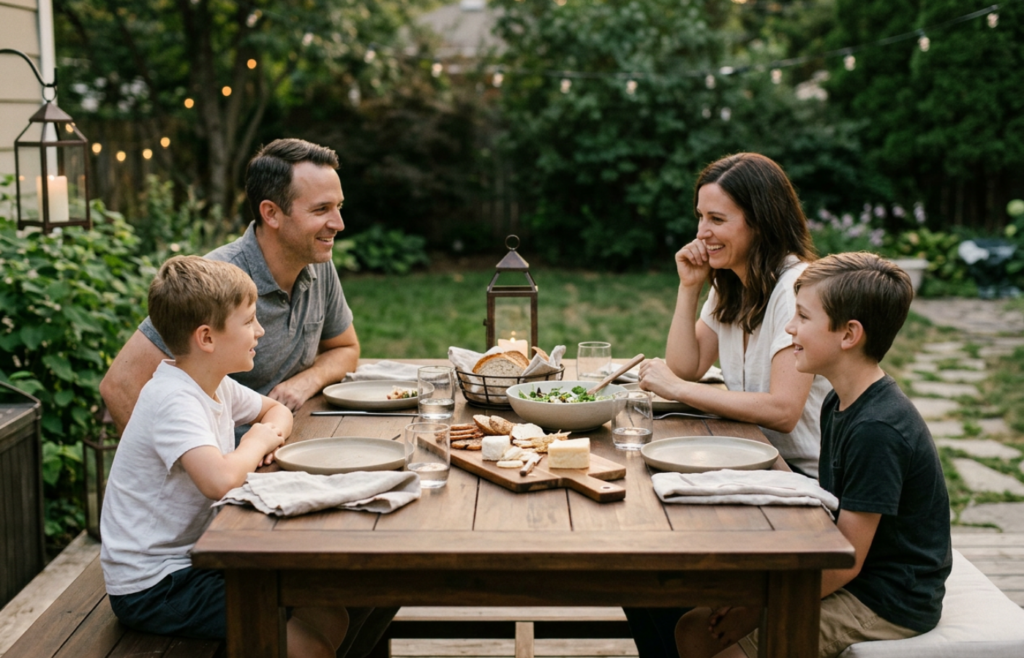 Family gathered around an outdoor summer dinner table beneath soft string lights, sharing food slowly and talking together