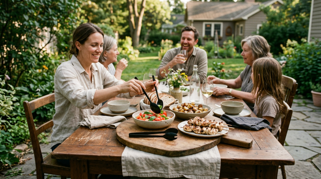 Relaxed summer hosting setup with wooden serving boards and shared dishes