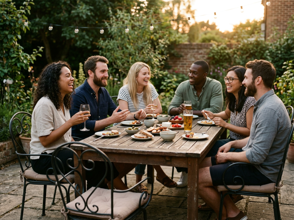 Friends sharing a relaxed outdoor summer gathering together
