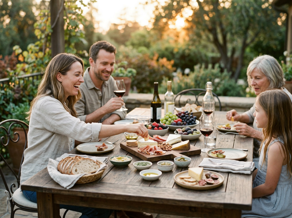 Family-style outdoor summer meal with shared dishes and relaxed hosting