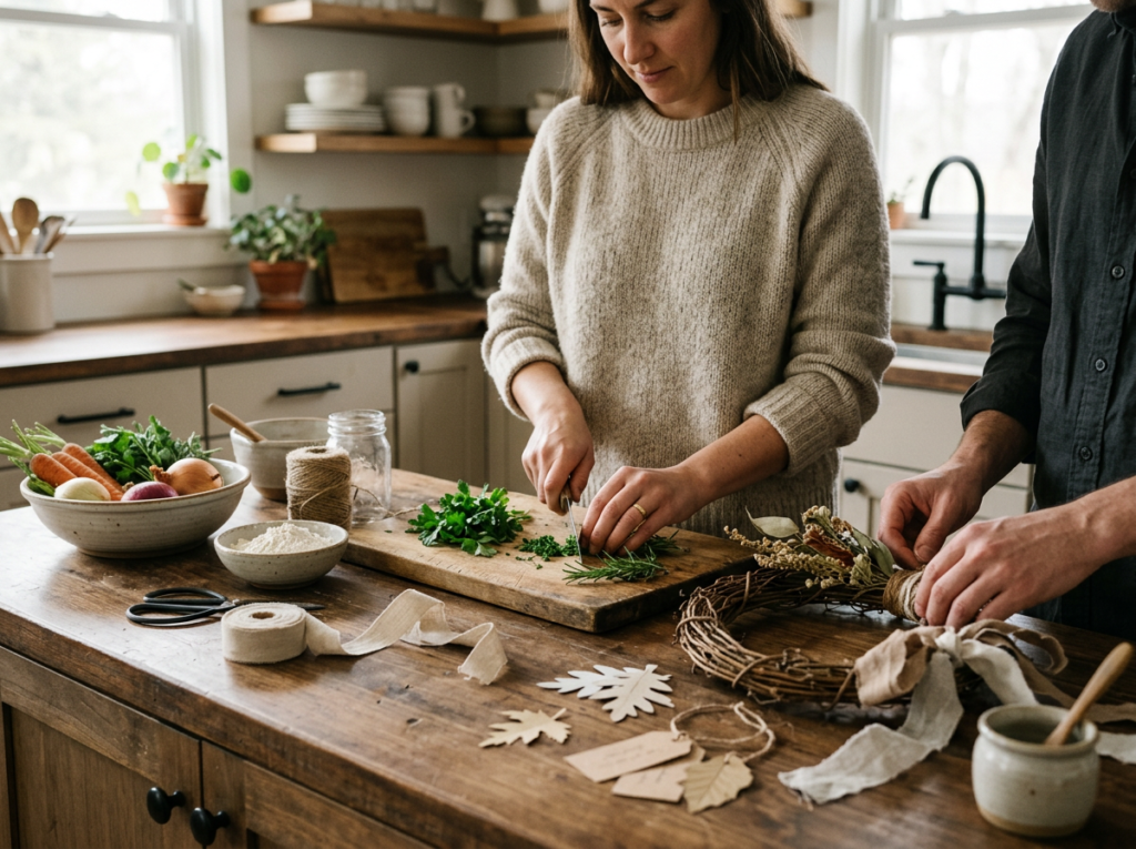 Calm kitchen scene with shared meal preparation and handmade decorations