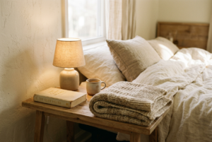 A bedside table with a soft lamp, a book, and a folded blanket in neutral tones, creating a calm, quiet atmosphere.