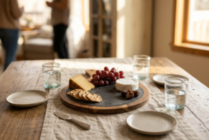 A simple table setting with small plates, glasses, and light snacks arranged for a casual gathering in soft natural light.