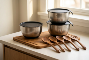 A small kitchen setup with a wooden board, simple bowls, and neutral-toned utensils arranged neatly on a light countertop.