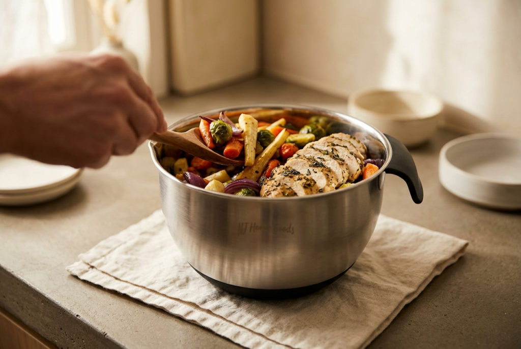 Garlic butter chicken and roasted vegetables served in a stainless steel bowl