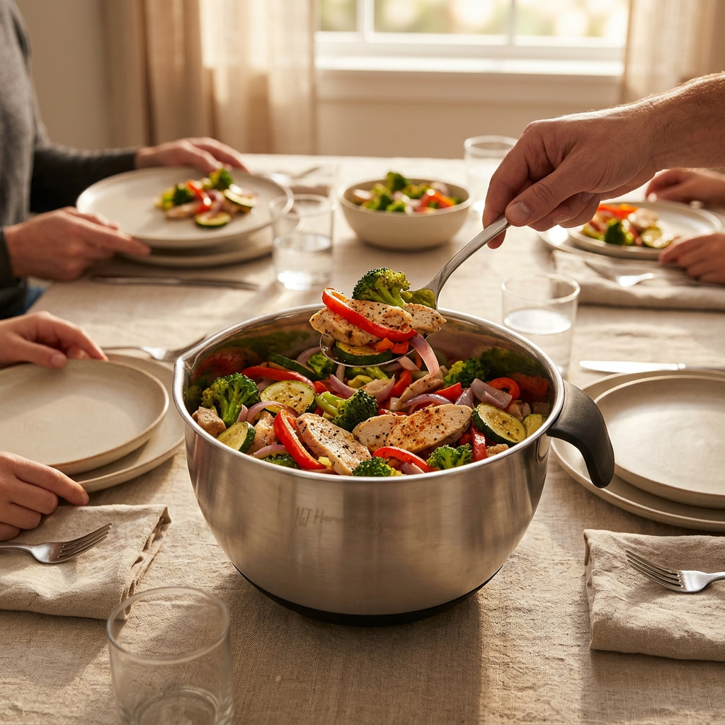 Roasted chicken and vegetables served family-style from a single bowl