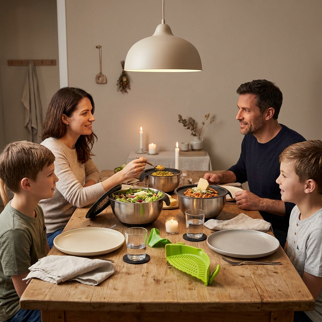 relaxed family dinner moment with simple meal and warm lighting