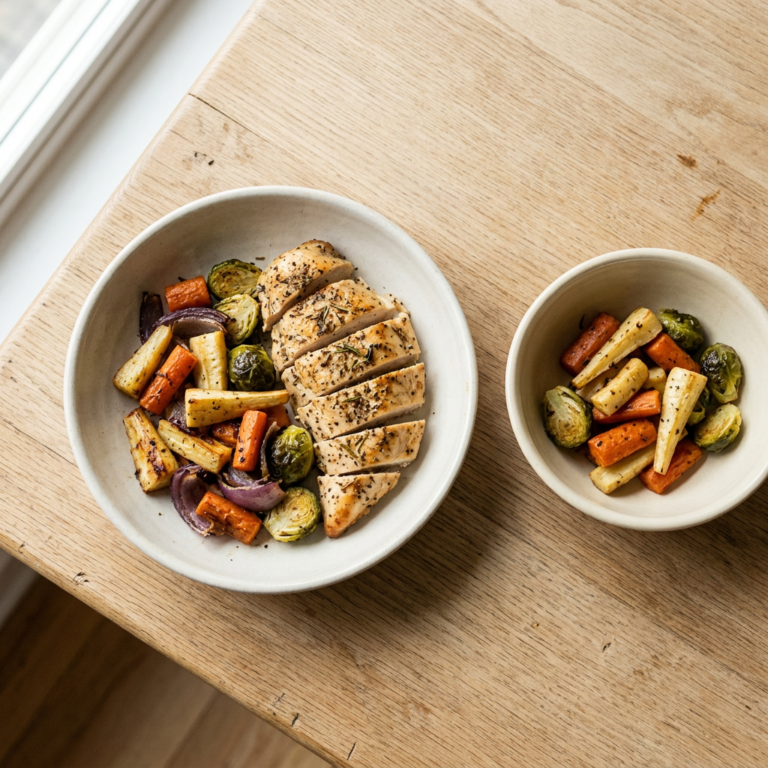 simple Mother’s Day dinner with chicken and vegetables served in bowls