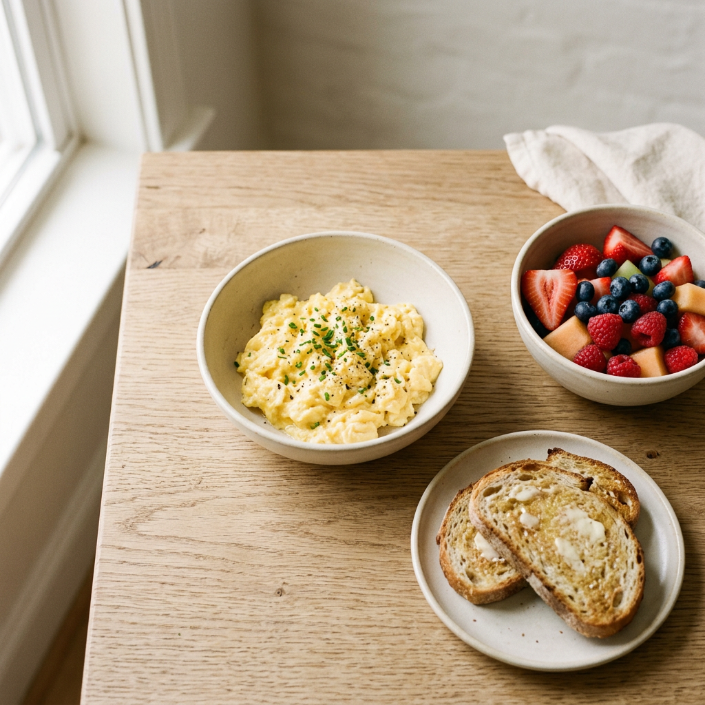 simple Mother’s Day brunch with eggs fruit and toast in bowls