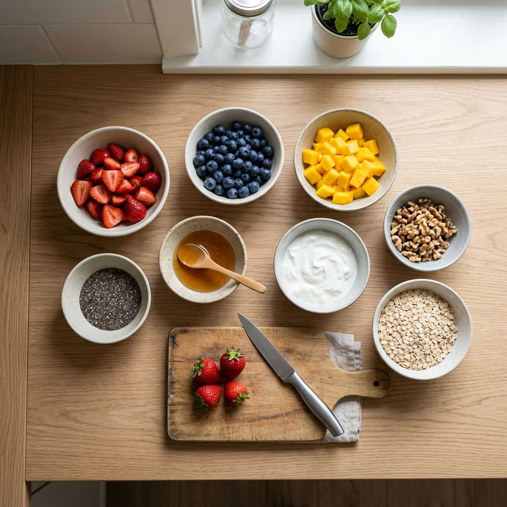 brunch ingredients prepared in bowls for simple cooking process