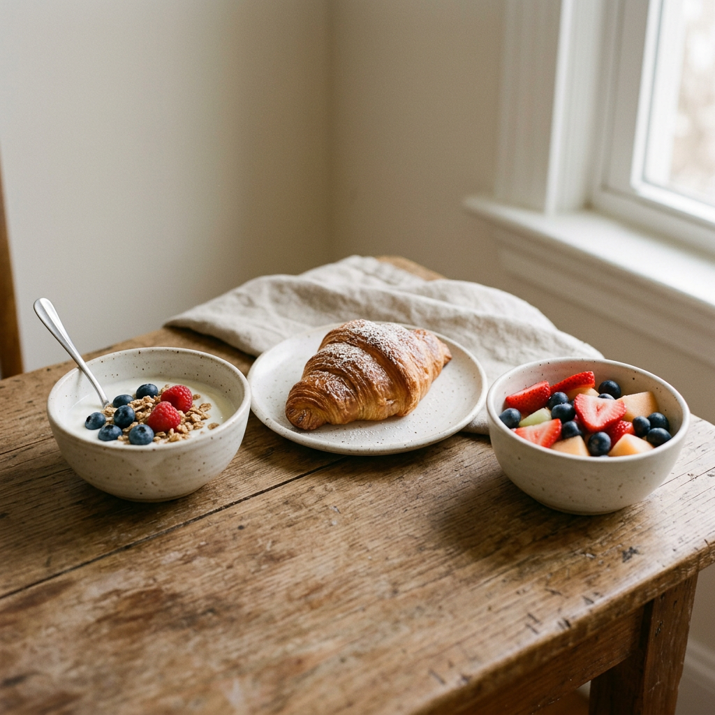brunch with pastry fruit and yogurt served simply in bowls
