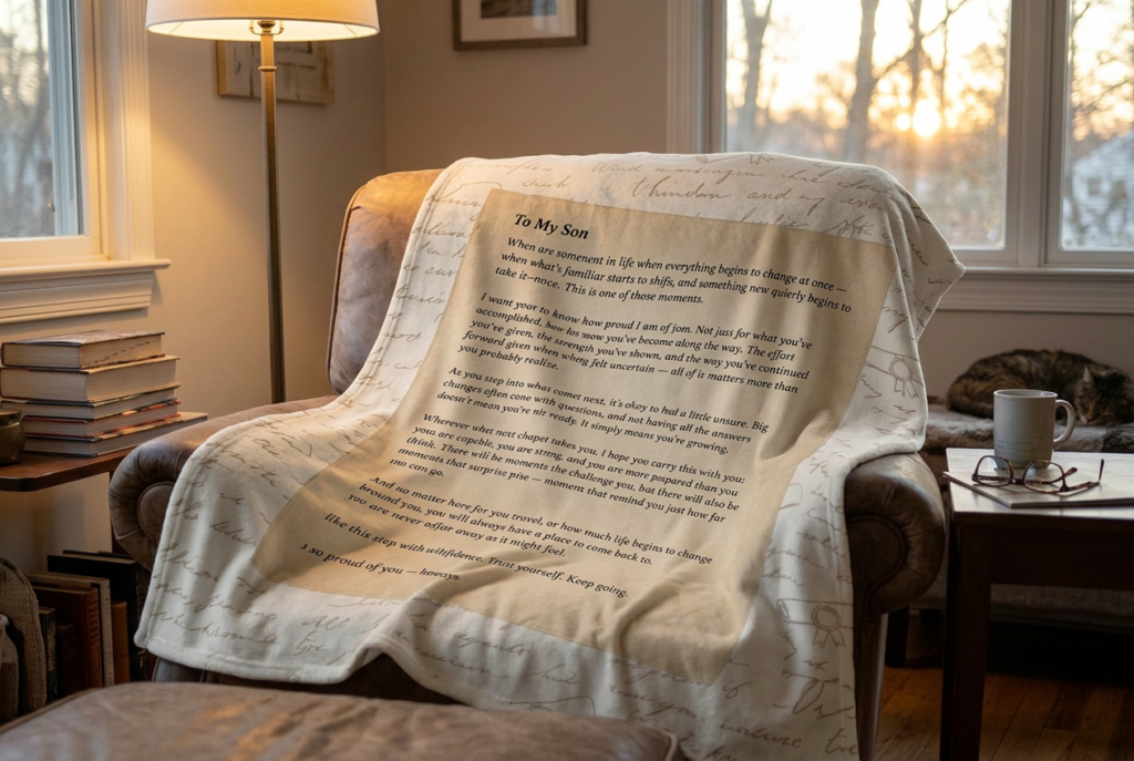 Personalized letter blanket displayed in a warm, calm home setting