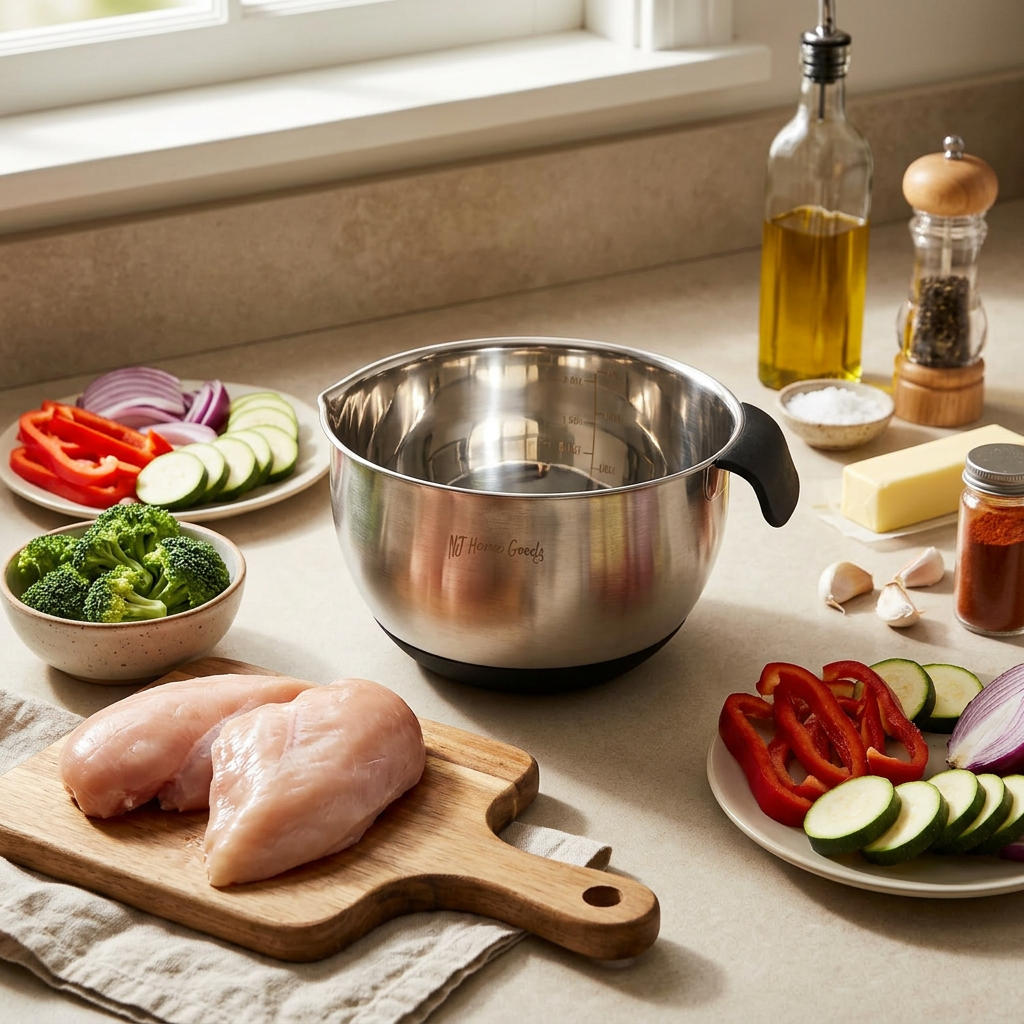 Ingredients for roasted chicken and vegetables arranged around a stainless steel bowl