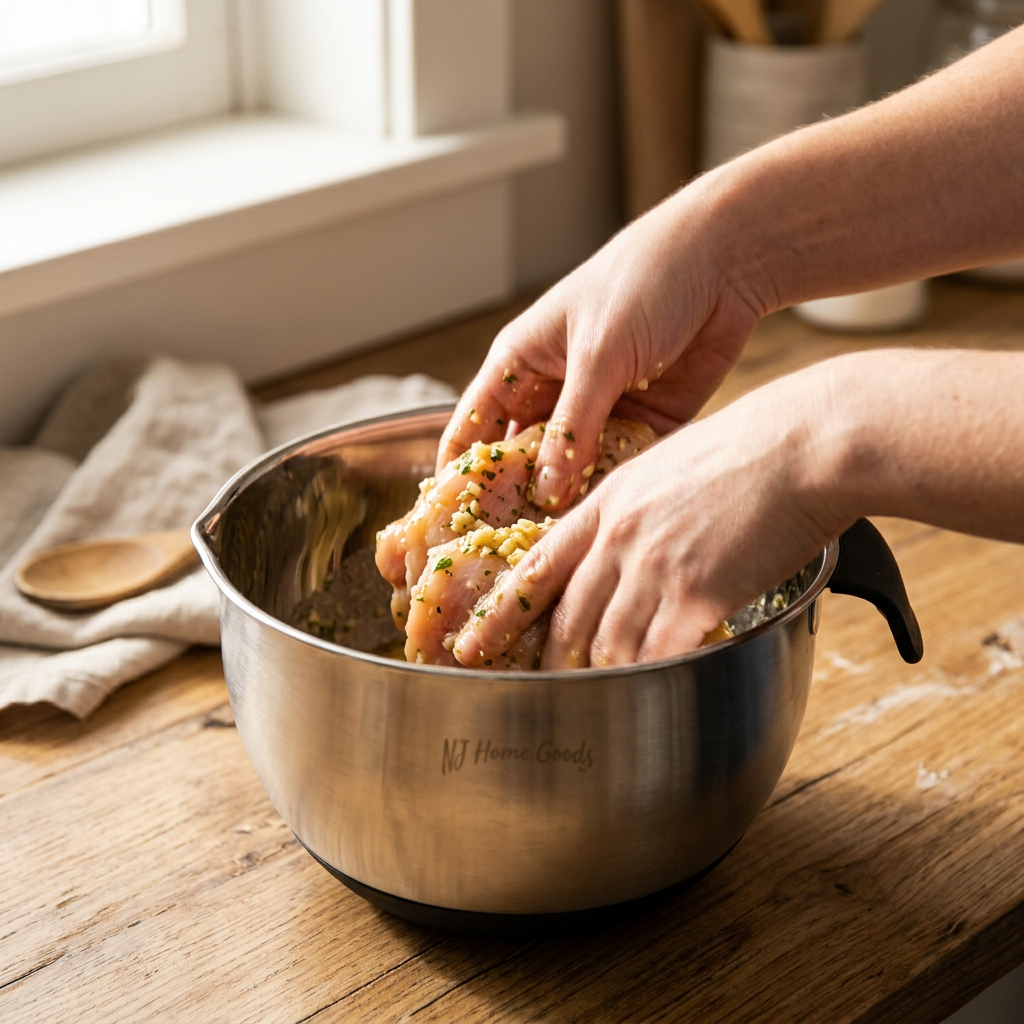 Chicken being coated in garlic butter in a stainless steel bowl