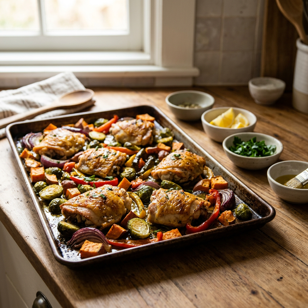 sheet pan chicken and vegetables with simple prep bowls nearby