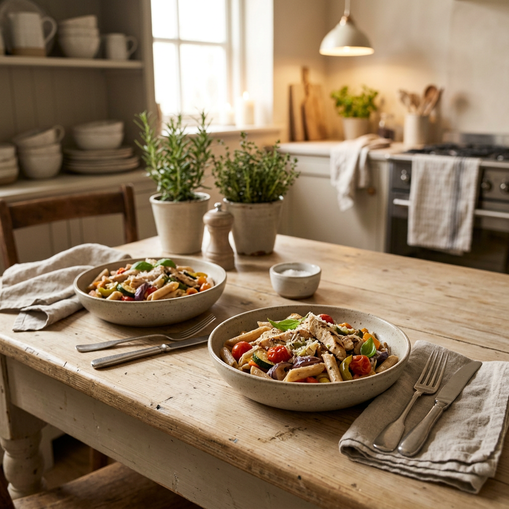 pasta bowl dinner with vegetables and protein served simply