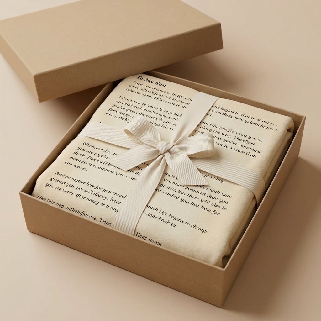 Folded personalized blanket styled as a graduation gift with soft neutral tones
