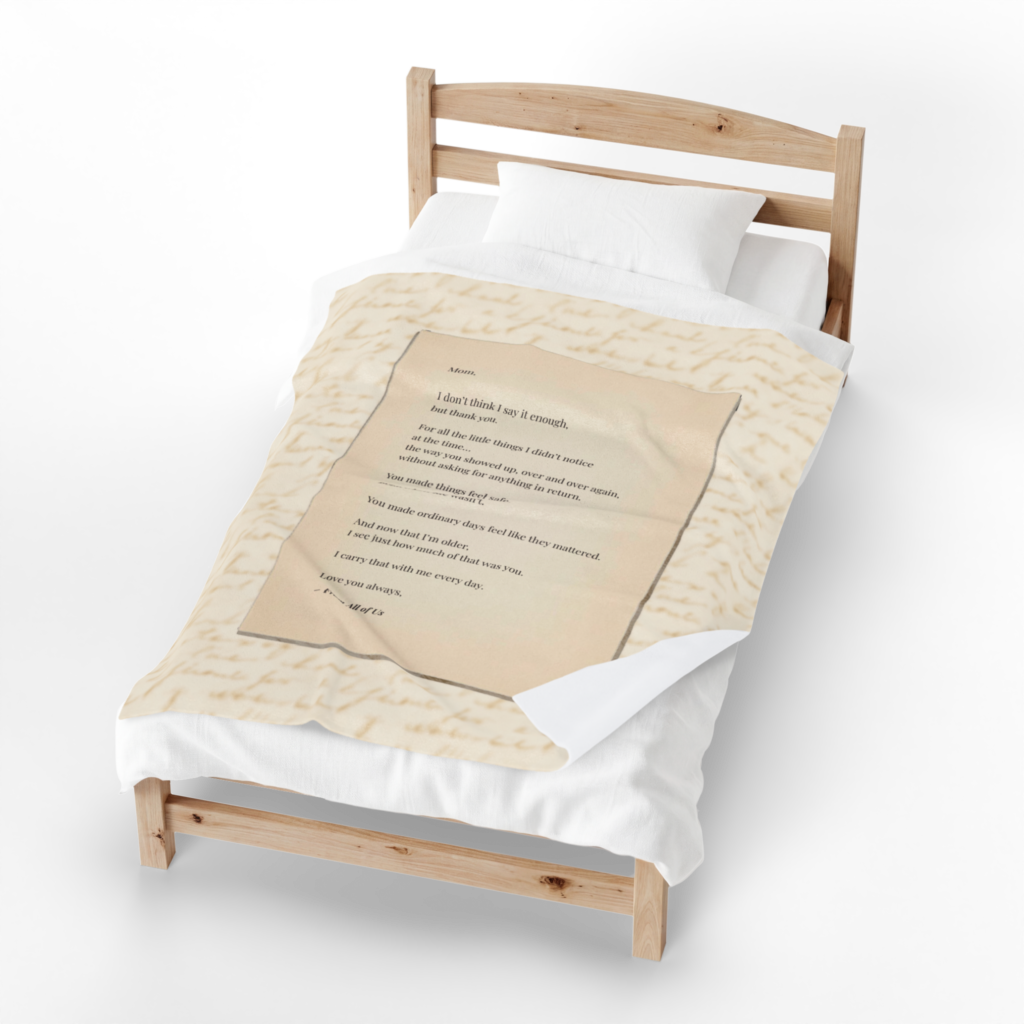 Mother’s Day blanket for mom with heartfelt gratitude message woven design. Mother’s Day blanket for mom with woven gratitude message shown in cozy bedroom setting