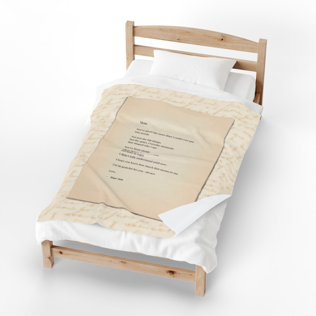 custom letter blanket for mom gift with emotional appreciation message. Mother’s Day blanket for mom with woven gratitude message shown in cozy bedroom setting