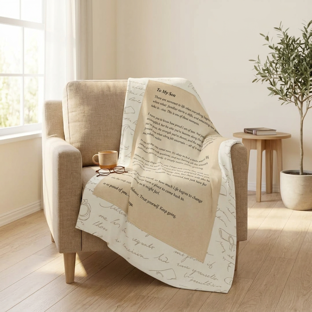 Letter blanket draped over bed in calm neutral bedroom setting