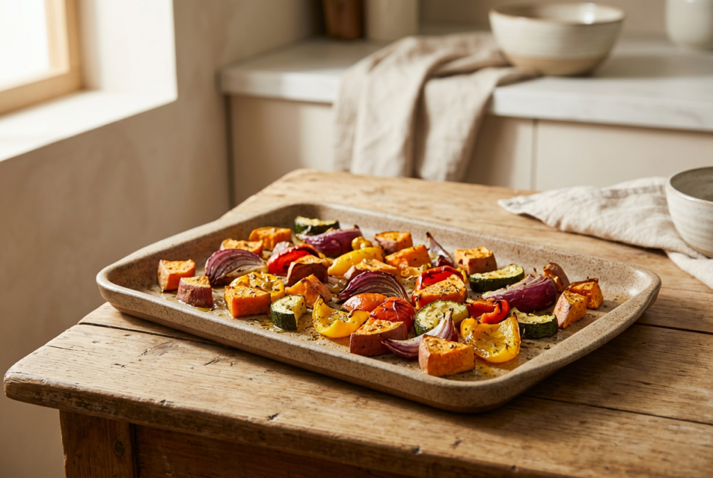 Roasted vegetables on a baking sheet with golden edges under warm natural light