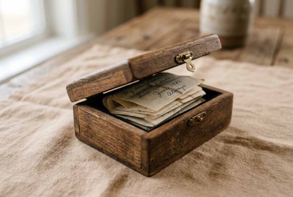Wooden keepsake box holding handwritten notes