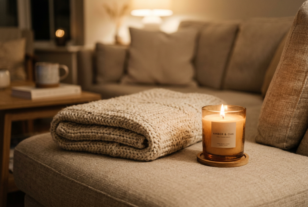 Neutral candle glowing beside blanket in calm setting