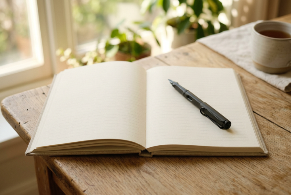 Minimal journal with pen in soft natural light