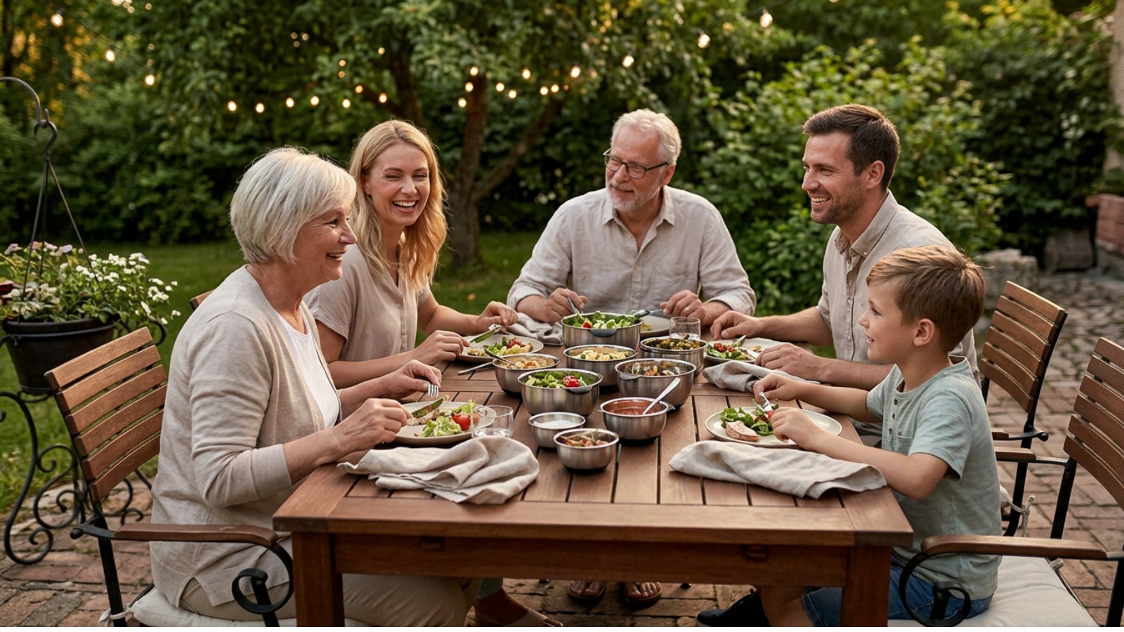 Family sharing a relaxed outdoor summer meal together around a wooden table