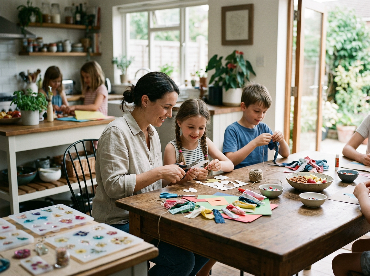 Family making simple handmade decorations together during a relaxed gathering