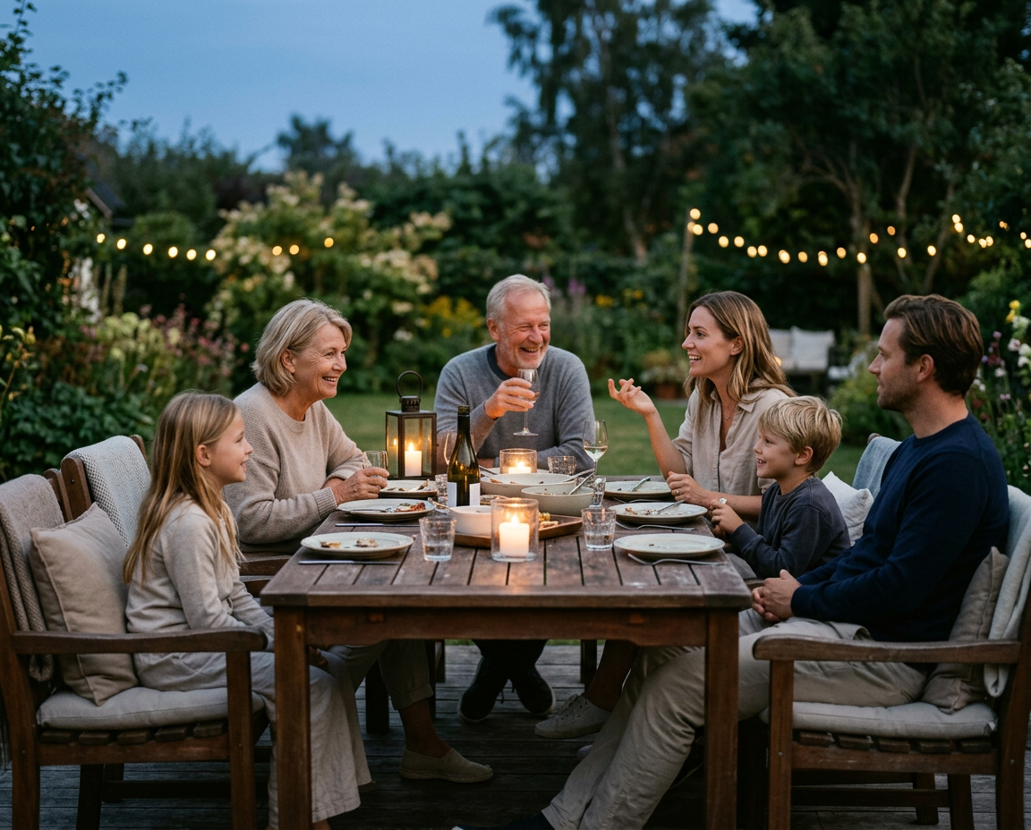 Family gathered together outdoors during a calm summer evening with soft lighting and relaxed conversation around a wooden table