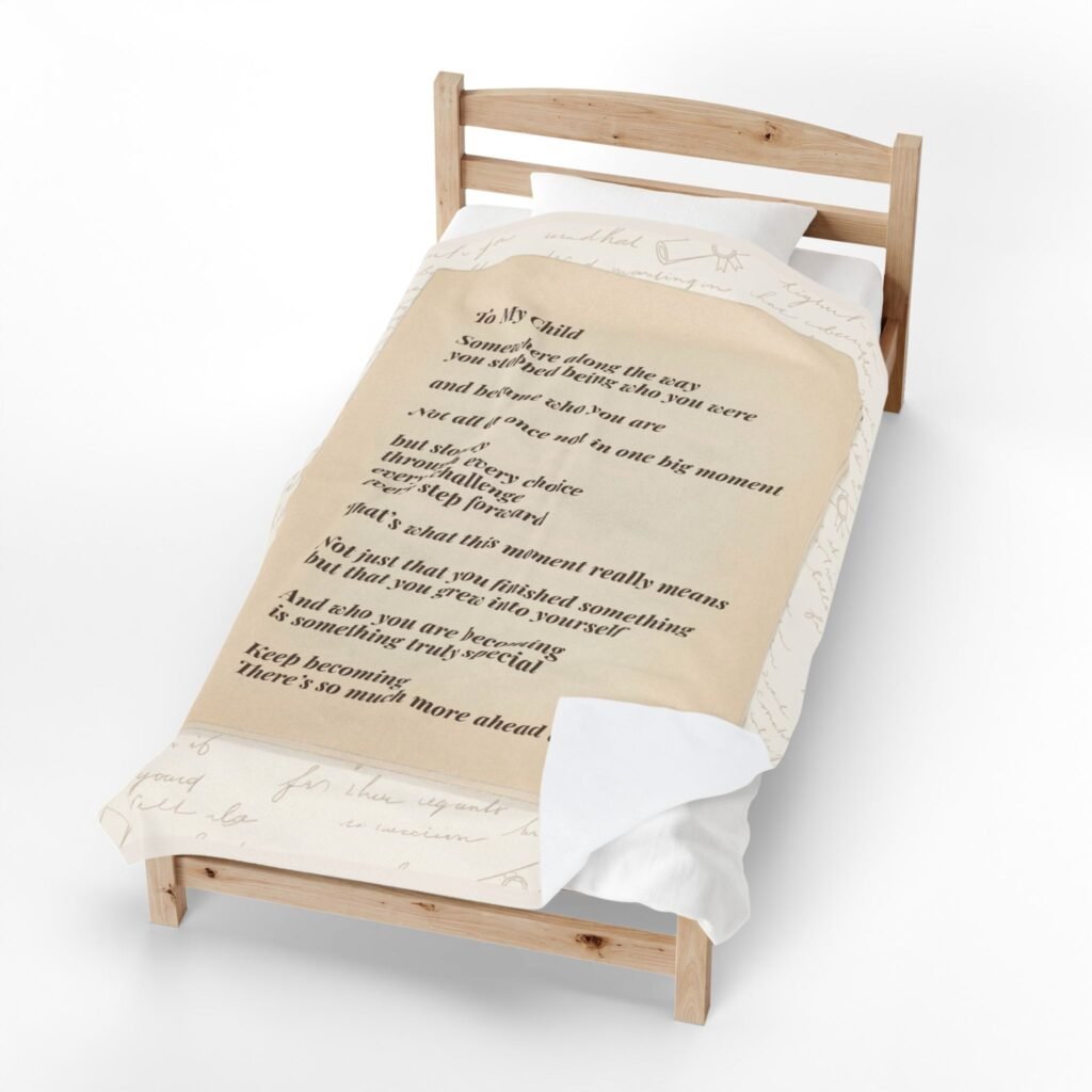 Letter blanket with becoming message design styled in a light, airy room setting