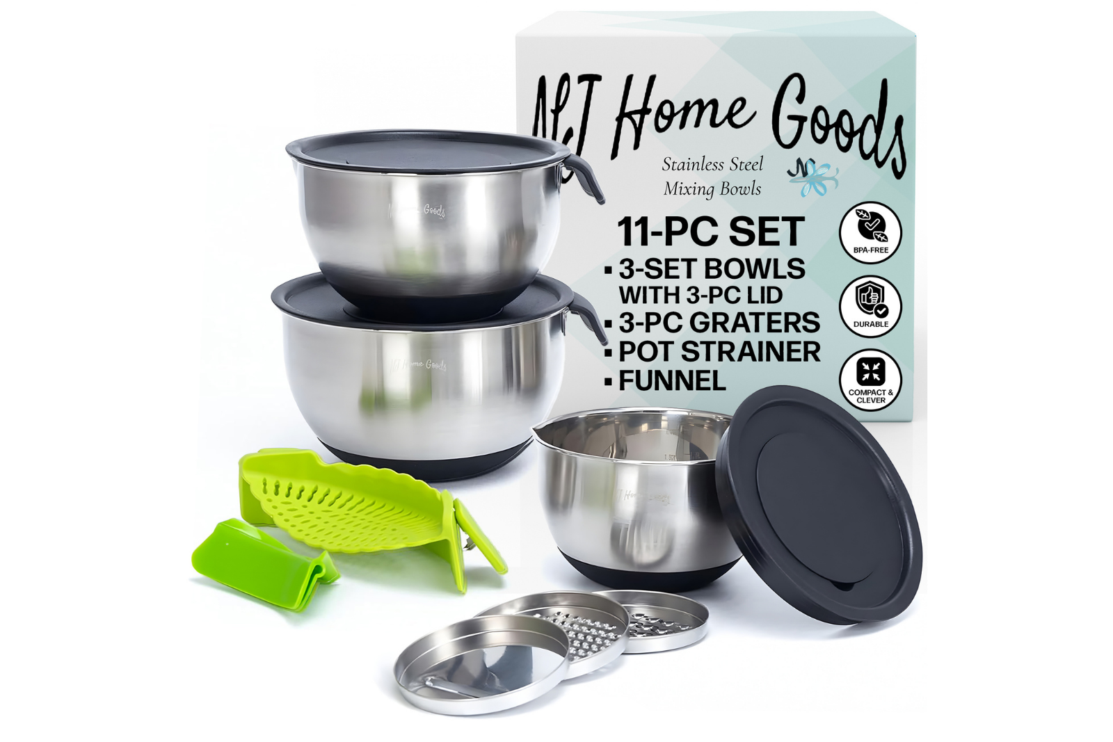 Stainless steel mixing bowl set with lids, green silicone strainer attachments, and metal grater inserts