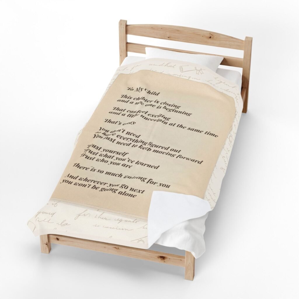 Letter blanket with next chapter message displayed in a transitional home setting